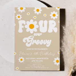 Retro Daisy Four Ever Groovy 4th Birthday Party Einladung