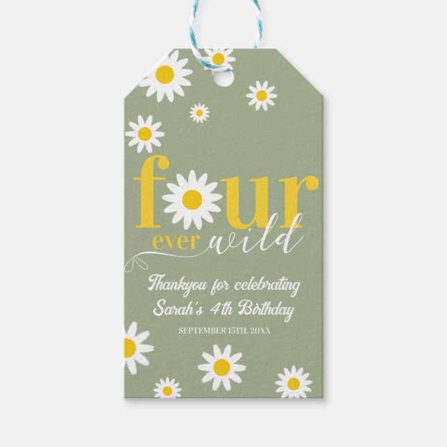 Retro Daisy Four ever Wild Sage Green 4. Geburtsta Geschenkanhänger (Vorderseite)