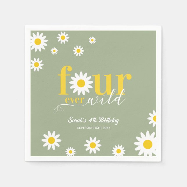 Retro Daisy Four ever Wild Sage Green 4. Geburtsta Serviette (Vorderseite)