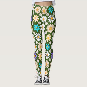Retro Daisy Muster Simple.01. D Green BG Leggings