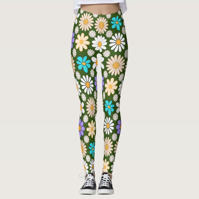 Retro Daisy Muster Simple.01. D Green BG Leggings (Vorderseite)