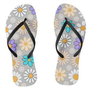 Retro Daisy Muster Simple.01. L Gray BG Flip Flops