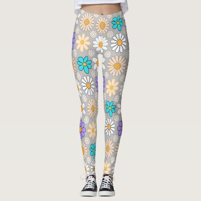 Retro Daisy Muster Simple.01. L Gray BG Leggings (Vorderseite)