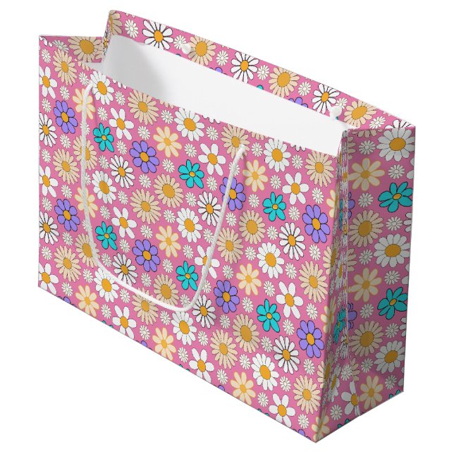 Retro Daisy Muster Simple.01. Rosa BG Große Geschenktüte (Vorderseite Schrägansicht)