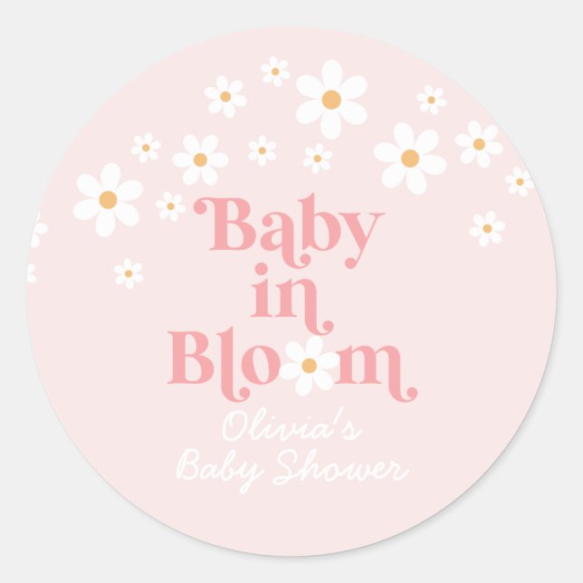 Retro Daisy Pink Baby Dusche Runder Aufkleber (Vorderseite)