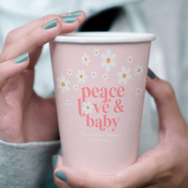 Retro Daisy Pink Peace Liebe Babydusche Pappbecher (Von Creator hochgeladen)
