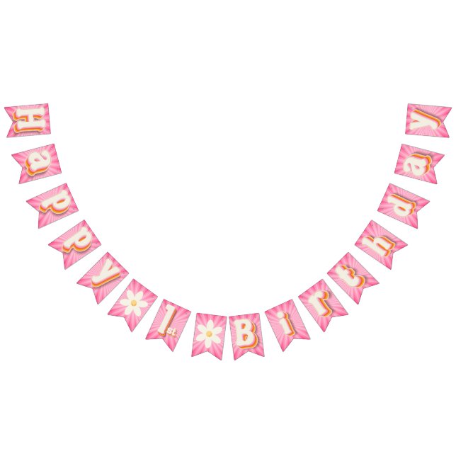 Retro Daisy Pink Sunburst Happy 1. Geburtstagsbann Wimpelkette (Alle)