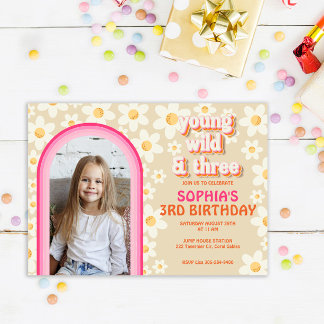 Retro Daisy Rainbow 3. Geburtstag Foto Einladung