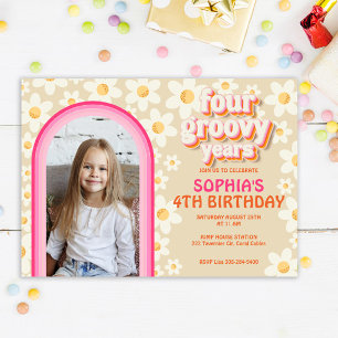 Retro Daisy Rainbow 4. Geburtstag Foto Einladung