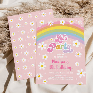 Retro Daisy Rainbow Let's Party Birthday Einladung