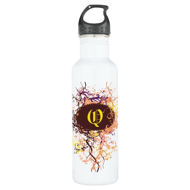 Retro Damask Muster mit Monogram Letter Q Trinkflasche (Vorderseite)