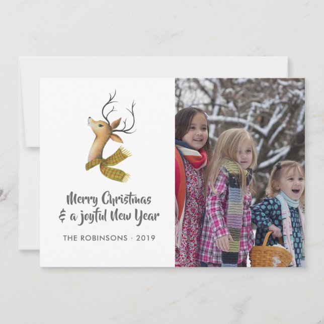 Retro Damask Reindeer Weihnachts-Foto Feiertagskarte (Vorderseite)