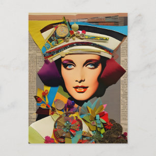 Retro-Dame Bunte Mixed-Media-Collage Abstract Postkarte