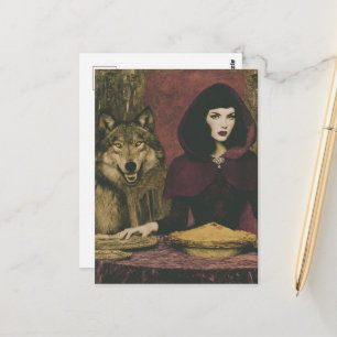Retro-Dame genießt Pie mit dem Wolf Postkarte