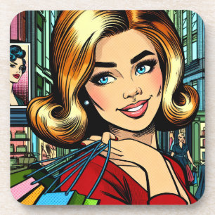 Retro-Dame mit Einkaufstaschen Skizzenbuch Getränkeuntersetzer