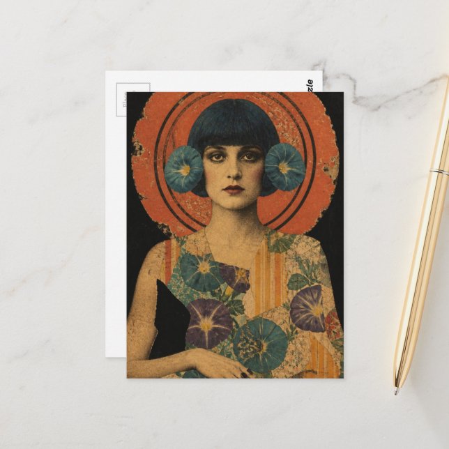 Retro-Dame und Blumen Postkarte (Vorderseite/Rückseite Beispiel)