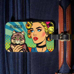 Retro-Dame und Katze personalisiert Gepäckanhänger
