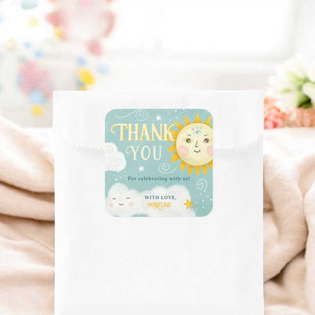 Retro Danke Sun and Clouds Babydusche Quadratischer Aufkleber (Retro Thank you Sun and Clouds baby shower Square Sticker)