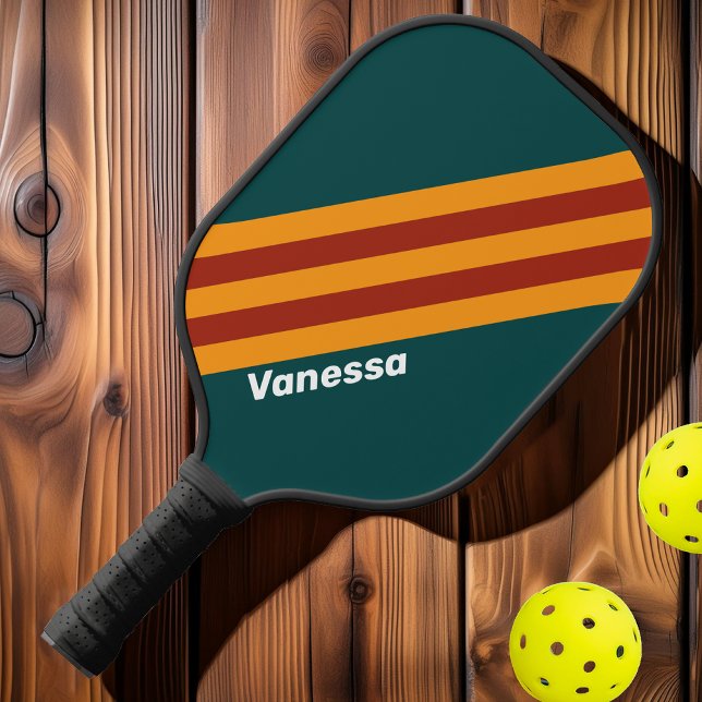 Retro Dark Aquamarin Splash Streifen mit Namen Pickleball Schläger (Von Creator hochgeladen)