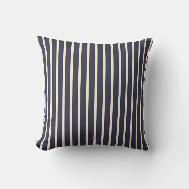Retro Dark Blue & Cream Ticking Strips Französisch Kissen (Vorderseite)