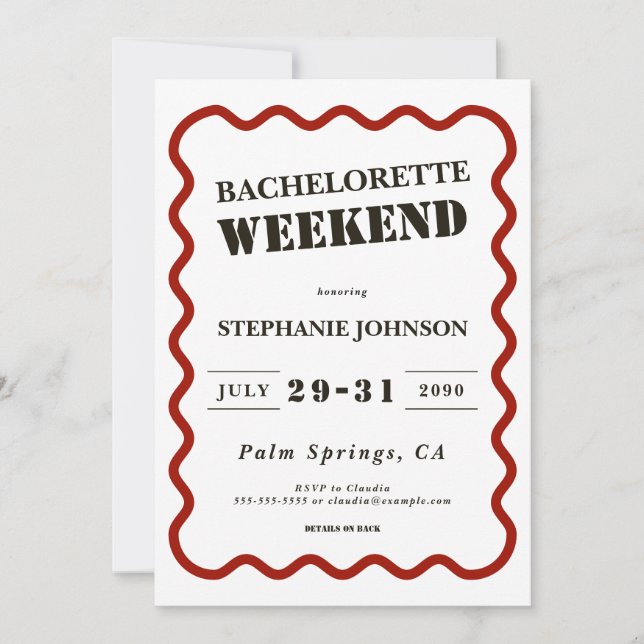 Retro Dark Red Wavy Border Bachelorette Wochenende Einladung (Vorderseite)