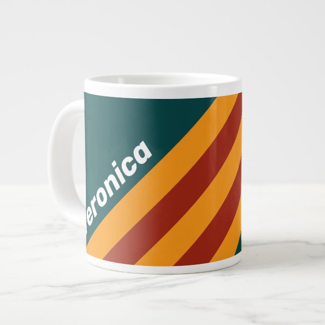 Retro Dark Teal Splash Stripes with Name Jumbo-Tasse (Vorderseite Links)