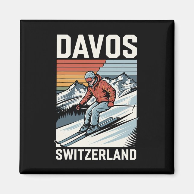 Retro Davos Schweiz Skiort Magnet (Vorne)
