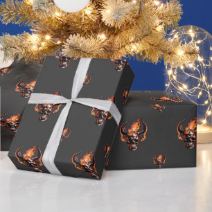 Retro Dead Burning Skull mit Horn im Feuer Geschenkpapier