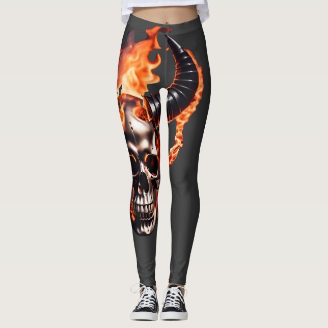 Retro Dead Burning Skull mit Horn im Feuer Leggings (Vorderseite)