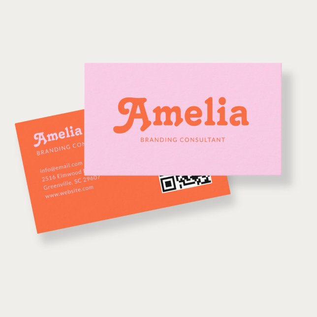 Retro-Dekor minimalistischer orange-pinker QR-Code Visitenkarte (Von Creator hochgeladen)