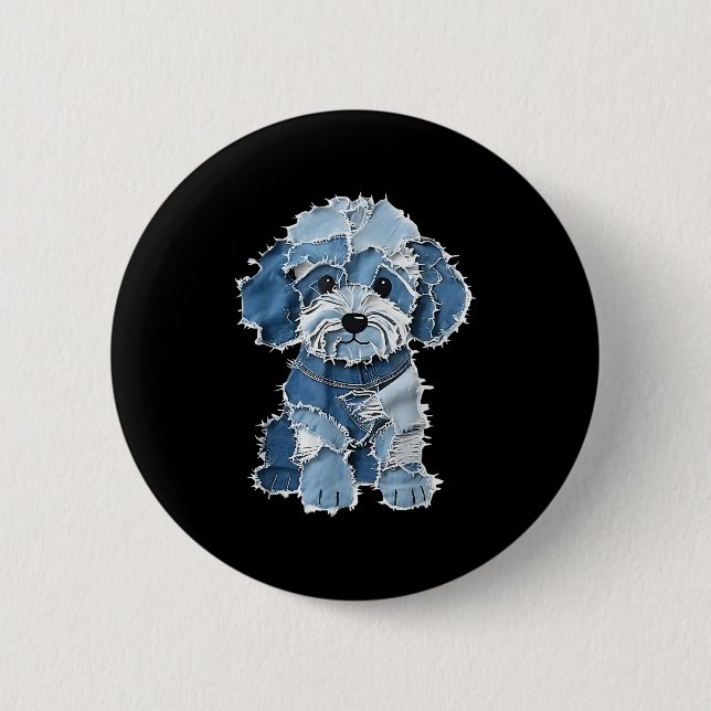 Retro Denim Dog Patch, Funny Shabby Blue Jean Pupp Button (Vorderseite)