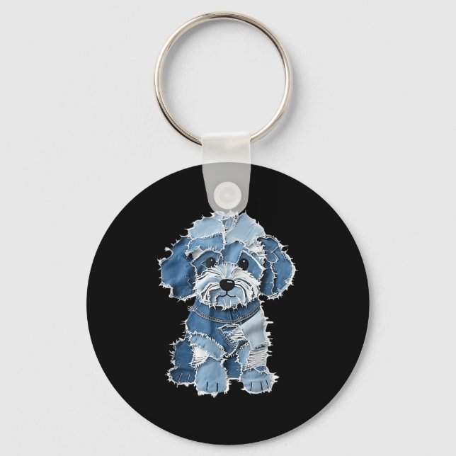 Retro Denim Dog Patch, Funny Shabby Blue Jean Pupp Schlüsselanhänger (Vorderseite)