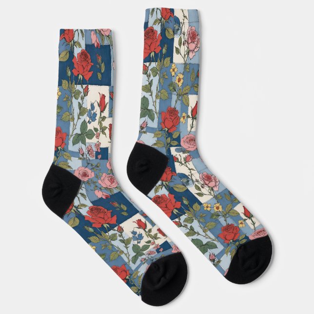 Retro Denim Patchwork mit Rose Socken (Rechts)