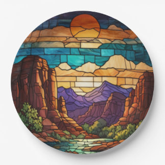 Retro desert scene Sedona mountains stainglass art Pappteller