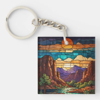 Retro desert scene Sedona mountains stainglass art Schlüsselanhänger