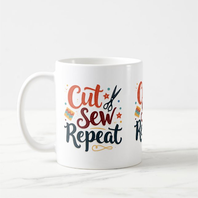 Retro-Design "Schneiden Nähen Wiederholen" für Näh Kaffeetasse (Links)