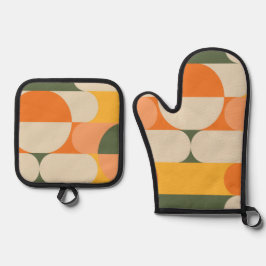 Retro Design Vintages Muster Grün Orange Farbe Ofenhandschuh & Topflappen-Set