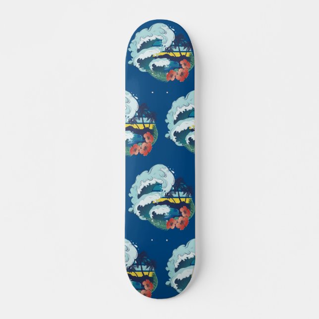 Retro-Design von Strand, Palmen und Ozeanwellen Skateboard (Vorne)