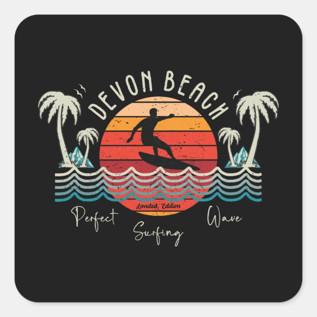 Retro Devon Beach Surfing Quadratischer Aufkleber (Vorderseite)
