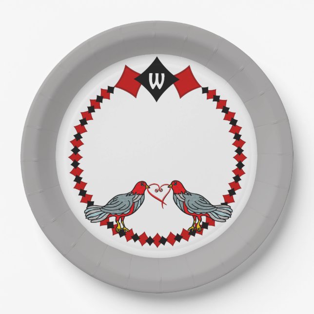 Retro-Diamanten, Vögel und Herzwürmer_Mit Monogram Pappteller (Vorderseite)