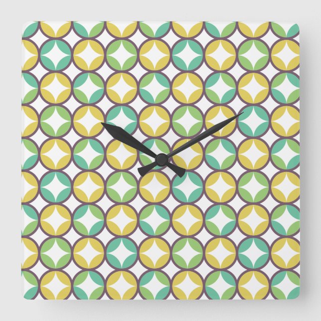 Retro Diamond in Circle Muster Blue Green Gold Quadratische Wanduhr (Vorderseite)