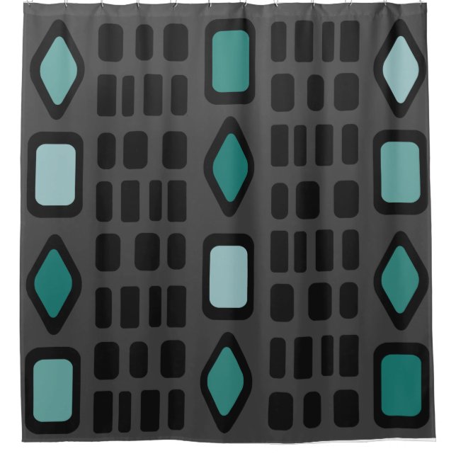 Retro Diamonds Rechtecke Schwarz Türkis Duschvorhang (Vorderseite)