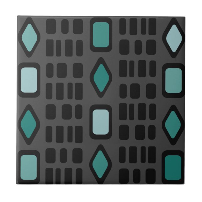 Retro Diamonds Rechtecke Schwarz Türkis Fliese (Vorderseite)