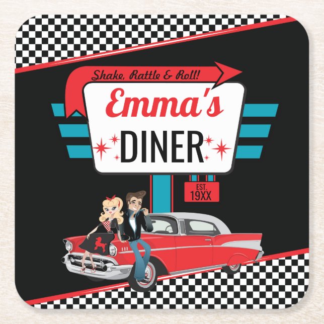 Retro Diner Black/Red Birthday Party der 50er Jahr Rechteckiger Pappuntersetzer (Vorderseite)