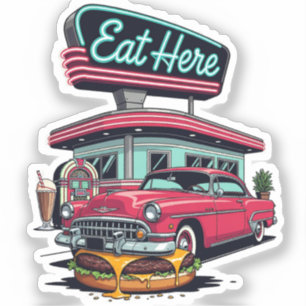 Retro-Diner Iss Hier Classic Car Burger T-Shirt Aufkleber