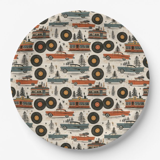 Retro-Diner-Weihnachtsbuffet-Stil Pappteller (Vorderseite)