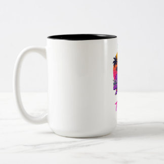 Retro-Dinosaurier-Party im Neon-Sonnenuntergang Zweifarbige Tasse