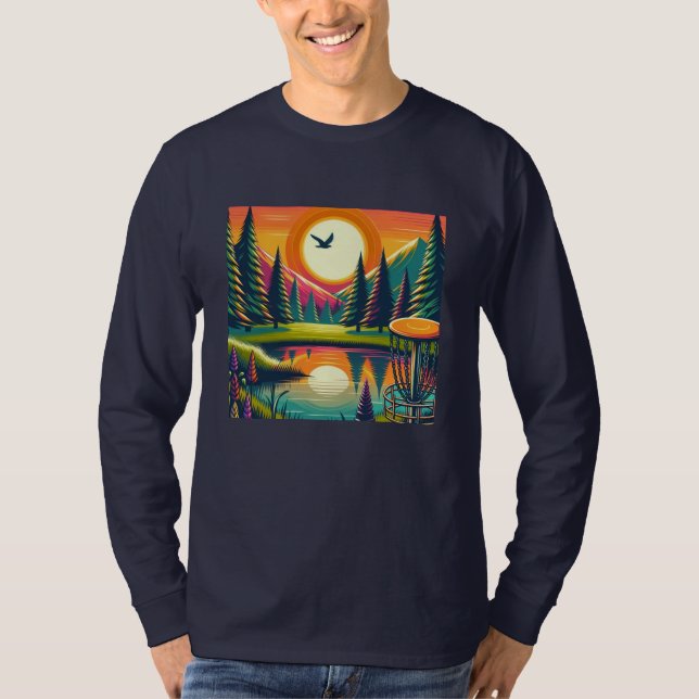 Retro Disc Golf Sunset and Trees T-Shirt (Vorderseite)