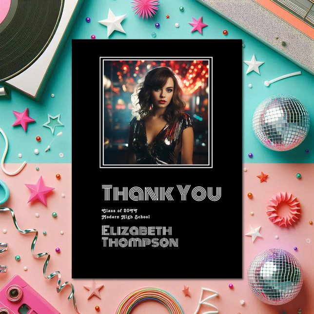 Retro Disco Abschluss Foto Dankeskarte (Retro Disco Graduation Photo Thank You Card)