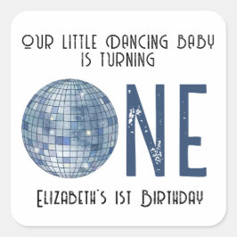 Retro Disco Ball First Birthday Party Quadratischer Aufkleber